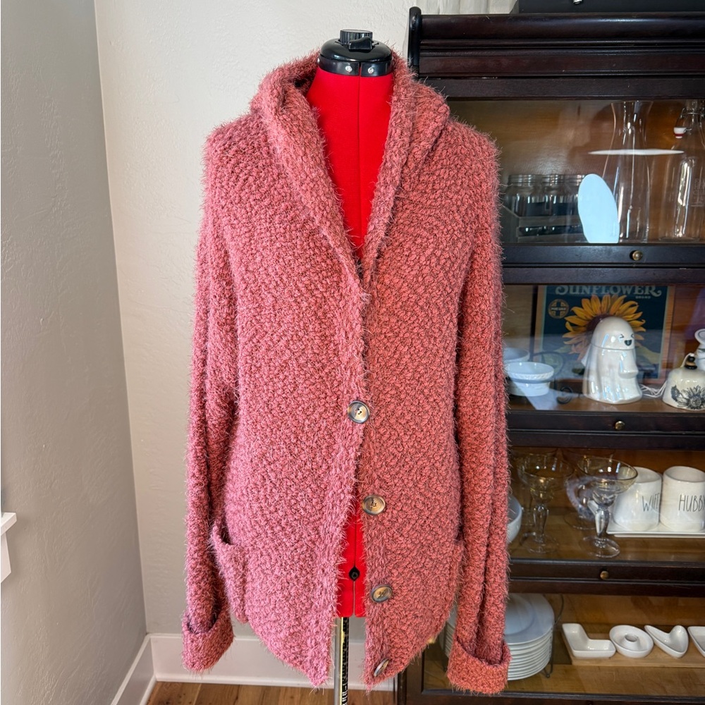 POL Textured Mauve Bouclé Chunky Knit Button Cardigan Size M